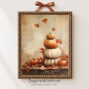 Wandbild mit gestapelten Kürbissen, neutrale Herbstdeko, weißer Kürbis im Landhausstil zum Ausdrucken, gemütliches Cottagecore-Herbstmotiv, rustikale Saisondekoration
