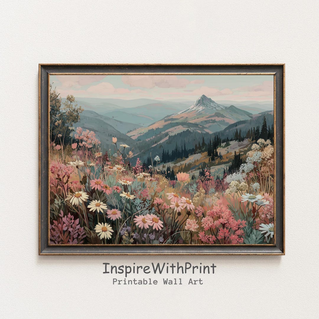 Boho Mountain Wildflower Meadow Wall Art, Pastel Alpine Landscape Print ...