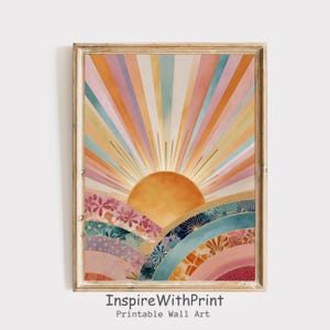 Boho Sun Print, Colorful Boho Sun Wall Art Printable Abstract Sunrise Print, Midcentury Modern Art, Playroom Poster, Boho Nursery Wall Art