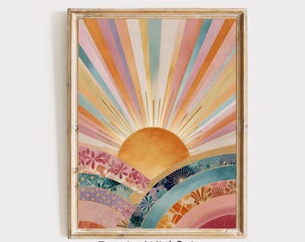 Boho Sun Print, Colorful Boho Sun Wall Art Printable Abstract Sunrise Print, Midcentury Modern Art, Playroom Poster, Boho Nursery Wall Art