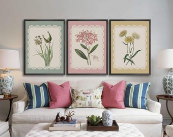 Vintage Floral Botanical Print Set of 3, Vintage Flower Prints, Pastel Floral Printable Art, Trendy Nursery Wall Art, Cottagecore Wall Decor