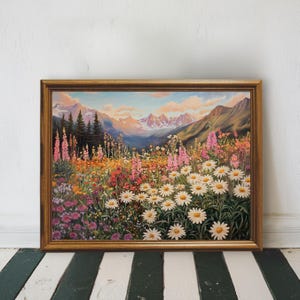 Mountain Wildflower Landscape Art Print, Printable Mountain Landscape Wall Art, Colorful Flower Field Art, Mountain Meadow Field Painting