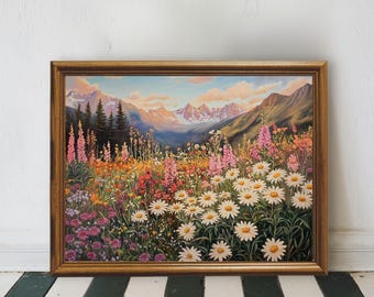 山の野生の花の風景アートプリント、印刷可能な山の風景の壁アート