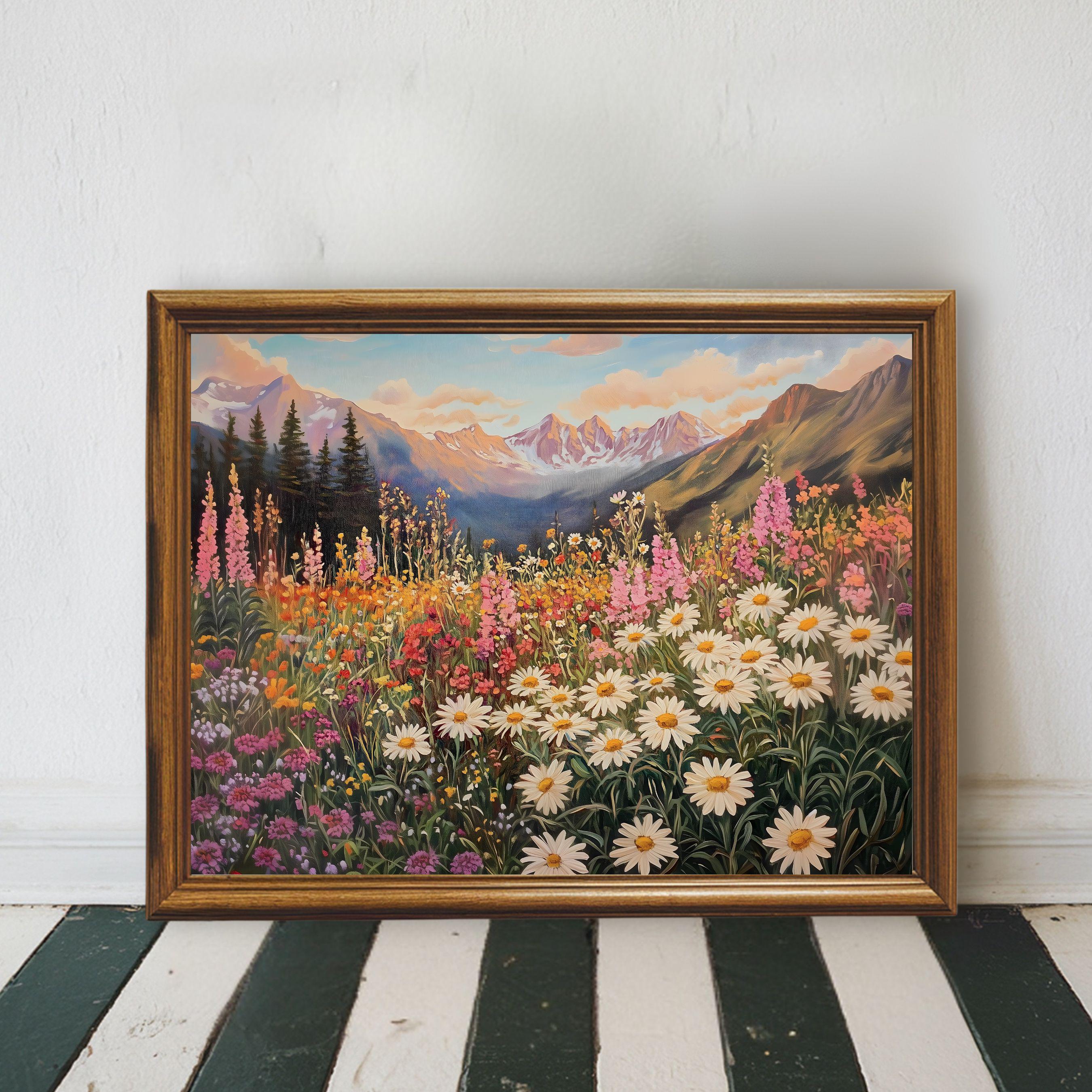 花と風景のアートプリント 山の野生の花の風景アートプリント、印刷可能な山の風景の壁アート