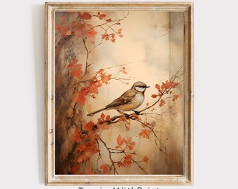 May include: A watercolor painting of a small bird perched on a branch with orange leaves. The background is a soft beige with a hint of blue.