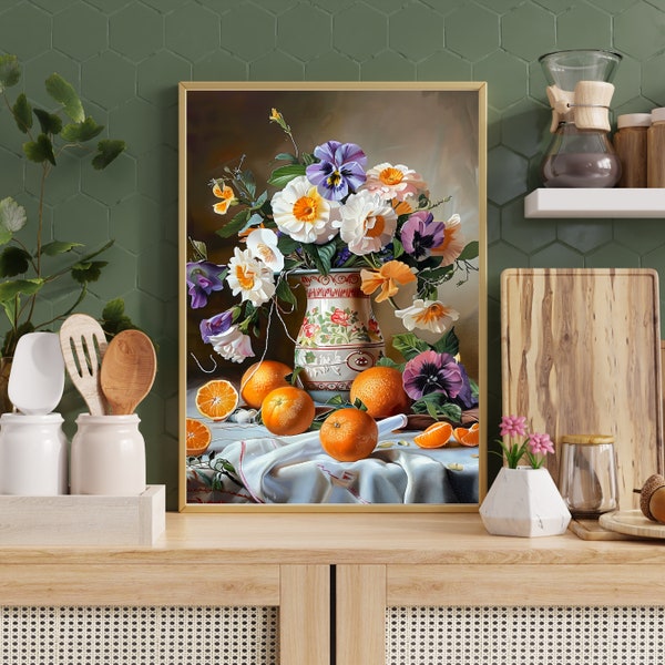 Vintage Flowers With Oranges Painting, Digital Download Flower Still Life Print, Artful kitchen Wall Art, Vintage Orange Art Print