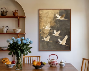 Flying Cranes Wall Art, Japandi Style Art Printable Flock of Birds