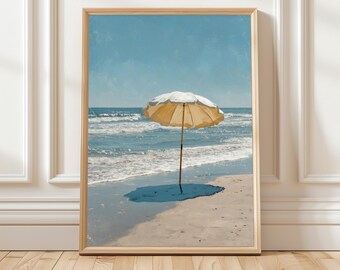ヴィンテージビーチパラソル絵画、海岸の海のウォールアート、リラックスできる夏のインテリア、ビーチハウスのリビングルーム向けの海辺の風景プリント