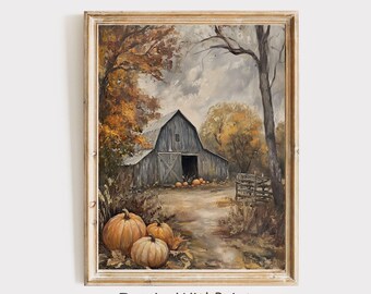 Pumpkin Barn Wall Art, Vintage Fall Barn Print, Rustic Fall Farmhouse Printable Autumn Cottagecore Art, Neutral Countryside Pumpkin Painting