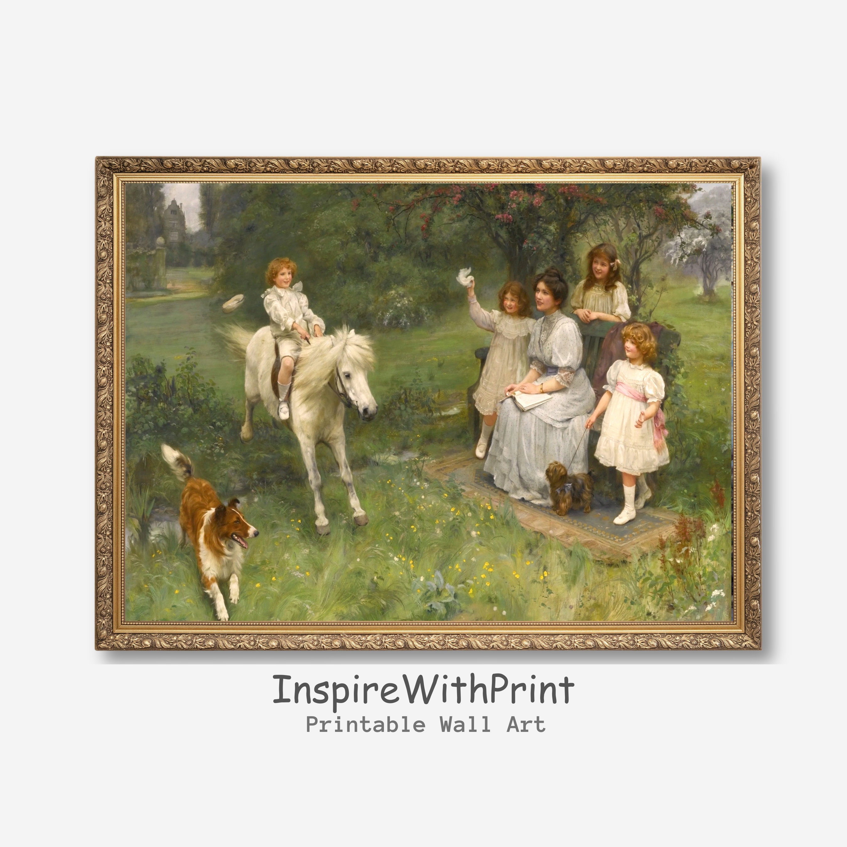 Vintage Mother and Kids in the Garden Painting, Digital Download Kid Room Wall Decor, Artful Motherhood Print, Mother and Children Art Print