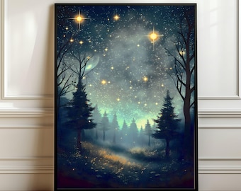 Dark Forest Print, Moody Celestial Sky Art, Dark Academia Print, Starry Night Art, Dark Cottagecore Art Printable Foggy Pine Forest Wall Art