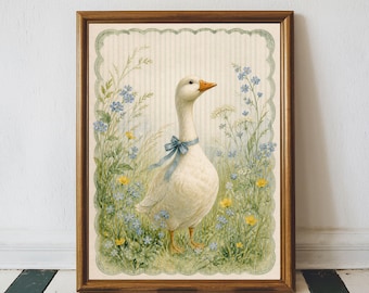 Vintage Goose Wall Art Blue Bow Duck Painting, Cottagecore Nursery Decor, Whimsical Farmhouse Animal Print for Kitchen, Kids Room