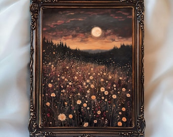 Dark Wildflower Field Print, Rustic Cottage Core Art Printable Dark Floral Botanical Print, Boho Moon Wall Art, Moody Night Landscape Print
