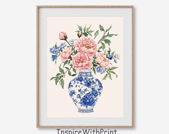 Ramo de peonías en acuarela en jarrón chinoiserie azul y blanco, decoración de pared con peonías rosas, pintura de estilo chinoiserie floral en acuarela