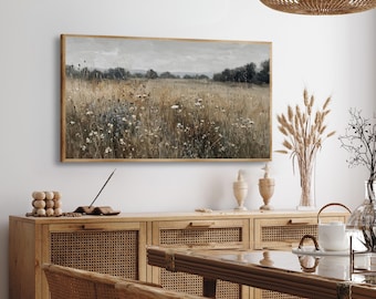 Moody Neutral Meadow Landscape TV Frame Art, Rustic Countryside Field Painting, Farmhouse Samsung Frame TV Wall Decor, Moody Summer Art
