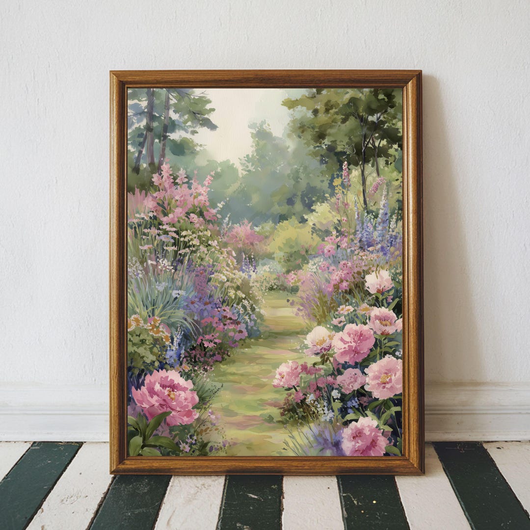 English Cottage Garden Path Print, Romantic Spring Floral Landscape ...