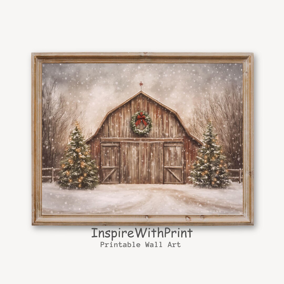 Christmas Barn Print Winter Season Wall Decor, Rustic Christmas ...