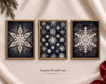Vintage Snowflake Wall Art Set of 3, Dark Winter Gallery Prints, Christmas Printable Decor Bundle