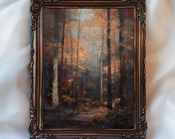 May include: A framed landscape painting depicts a forest scene with tall trees and a path. The artwork features warm tones of gold, brown, and orange, with a detailed, ornate bronze-colored frame. The text "InspireWithPrint Printable Wall Art" is visible.