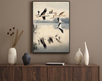 Flying Cranes Wall Art, Japandi Style Art Printable Flock of Birds