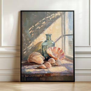 Coastal Seashells Still Life in Window Printable Coastal Wall Art, Vintage Nautical Wall Decor Neutral Beach Shell Print, Moody Summer Print
