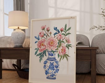 Ramo de peonías en acuarela en jarrón chinoiserie azul y blanco, decoración de pared con peonías rosas, pintura de estilo chinoiserie floral en acuarela