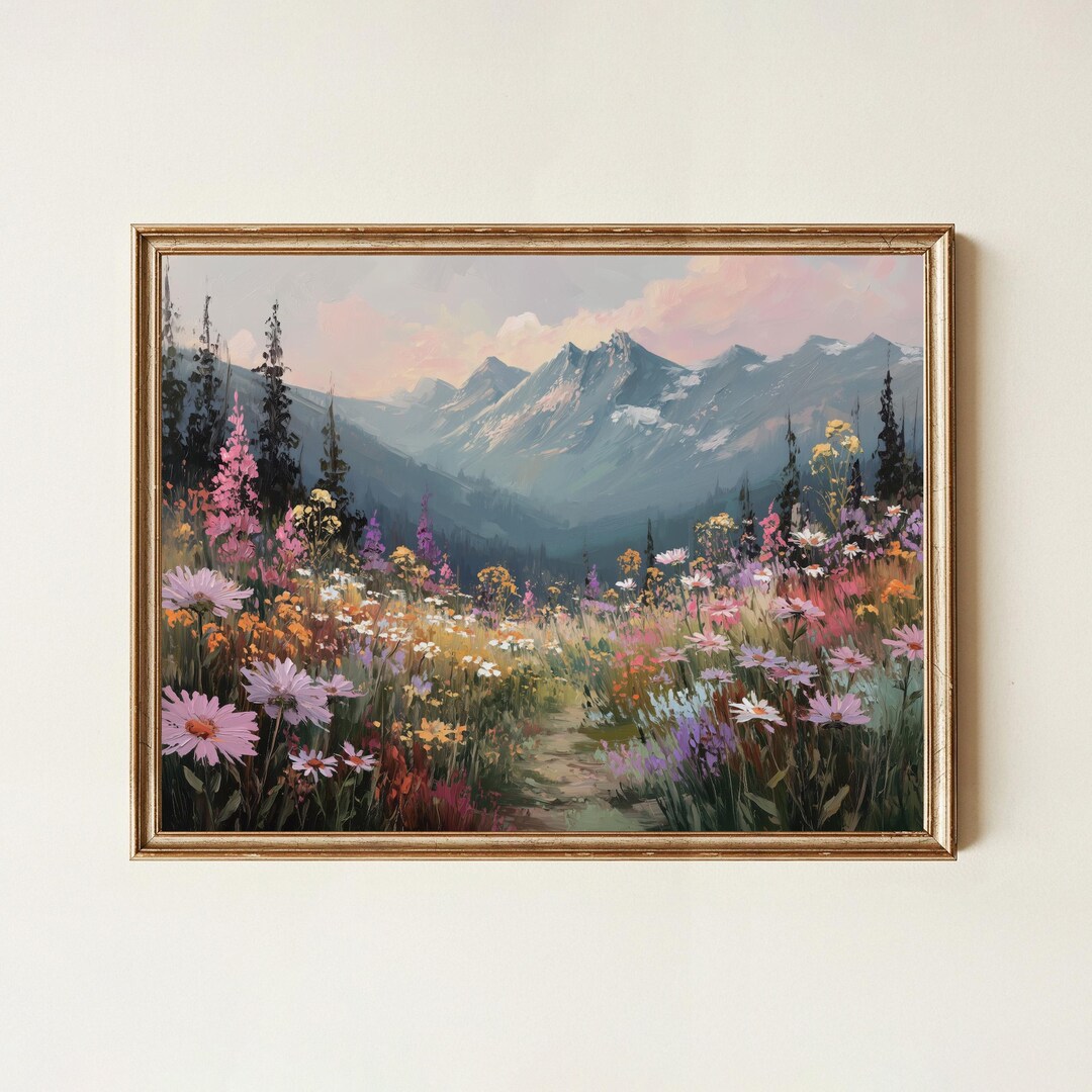 Boho Mountain Wildflower Meadow Wall Art, Pastel Alpine Landscape Print ...