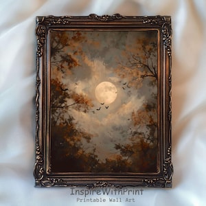 May include: A framed print depicting a moonlit forest. The artwork shows a full moon, silhouetted trees, and birds in flight against a cloudy sky. The frame has an ornate bronze finish. The text "InspireWithPrint Printable Wall Art" is at the bottom.