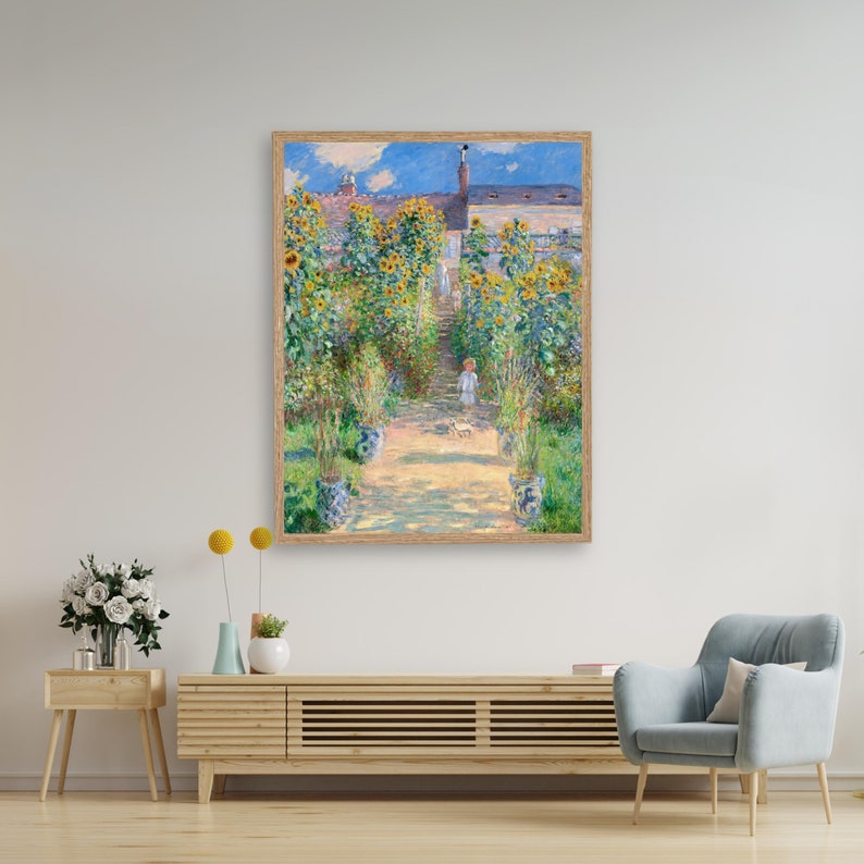 Vintage Kid in the Sunflower Garden Painting, Artist's Garden by