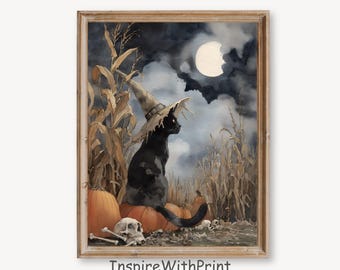 Vintage Fall Witch Cat Print, Gothic Halloween Wall Art, Moody Autumn Printable Art, Dark Academia Cottagecore Art, Fall Black Cat Wall Art
