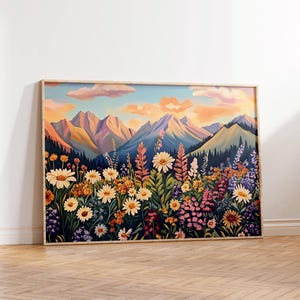 Boho Mountain Wildflower Landscape Print, Mountain Sunset Landscape Printable, Colorful Wildflower Field Art, Boho Floral Meadow Painting
