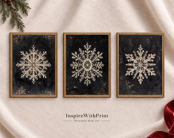 Vintage Snowflake Wall Art Set of 3, Dark Winter Christmas Prints, Rustic Neutral Holiday Printable Decor