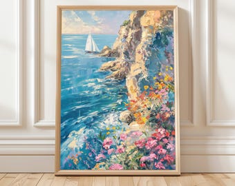 海岸の崖と帆船の絵画、地中海の壁掛けアート装飾、ビーチハウスや海岸沿いのリビングルーム向けの航海風景プリント