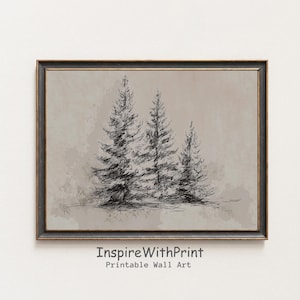 May include: A framed print featuring a sketch of three evergreen trees. The artwork is in black and white, set against a neutral beige background. The frame is dark, and the print includes the text "InspireWithPrint Printable Wall Art."