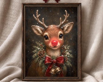 Vintage Reindeer Christmas Wall Art, Painterly Red Nose Deer Printable, Festive Holiday Portrait