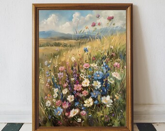 Vintage Wildflower Field Oil Painting, Pastel Flower Meadow Art Printable, Moody WildFlower Field Print, Rustic Country Field Landscape Art