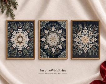 Vintage Christmas Botanical Wall Art Set of 3, Dark Floral Printable Decor, Winter Gallery Collection