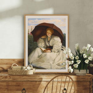 Vintage Woman Reading Print, Girl With Umbrella Reading Art, Moody Reading Book Printable, Vintage Bookish Woman, Light Academia Neutral Art