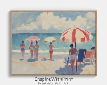 Retro Summer Beach Oil Painting Coastal Seascape Wall Art, Retro Coastal Art Printable Vintage Beach Umbrella Print, Pastel Summer Art Print