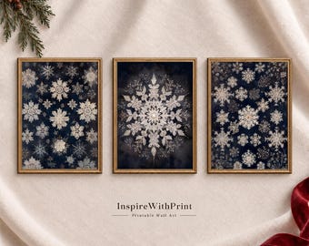 Vintage Snowflake Wall Art Set of 3, Navy Christmas Prints, Winter Wonderland Printable Decor
