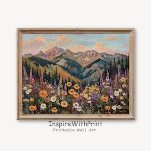 Mountain Wildflower Landscape Art Print, Printable Mountain Landscape Wall Art, Colorful Flower Field Art, Mountain Ranges Painting