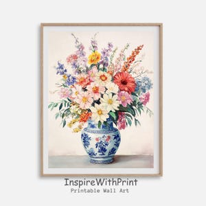 Colorful Flowers Bouquet in Blue and White Chinoiserie Vase Print, Patel Floral Wall Art Printable Chinoiserie Painting, Flower Vase Print
