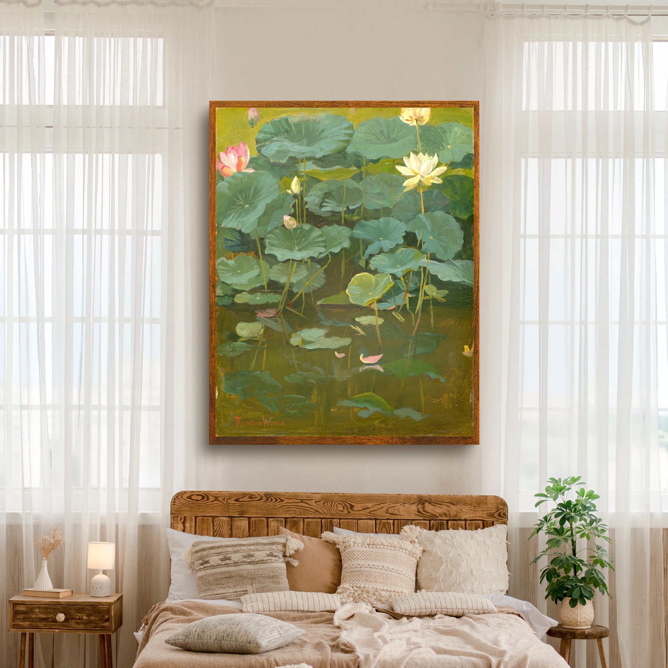 Vintage Lotus Flower Painting, Digital Download Green Leaves Art, Yoga ...