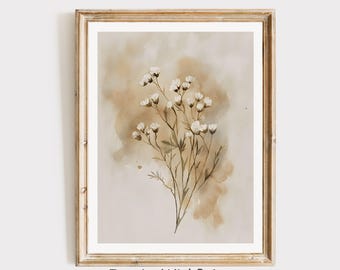 Pintura de acuarela de flores blancas vintage, arte de pared botánico neutro, impresión de flores silvestres imprimible, decoración de pared neutra, impresión de arte de flores boho