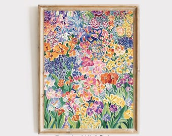 Kleurrijke bloementuin landschapsschilderkunst, zomer lente bloemen afdrukbare muurkunst, abstracte botanische tuinkunst, pastel wilde bloemenprint