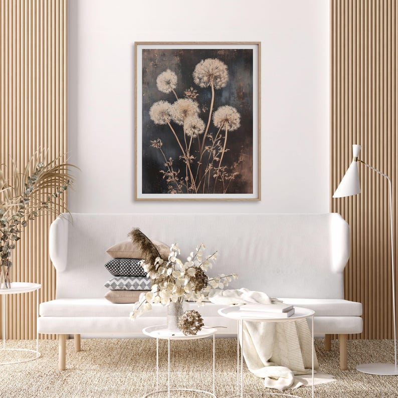 Dandelion Wall Art Printable Boho Dark Flower Print, Rustic Floral Art ...