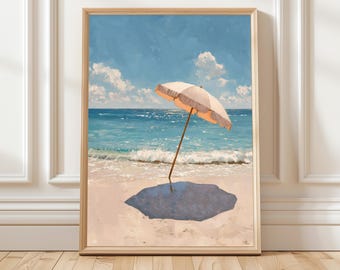 白いビーチパラソルの絵画、海岸の海のウォールアートプリント、エレガントな夏のインテリア、ミニマルな海辺の風景、ニュートラルな海岸風の家