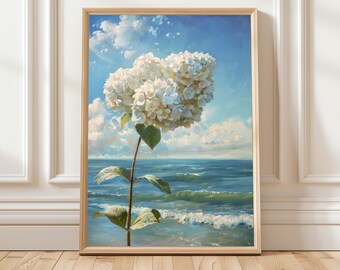 白いアジサイの海の絵画、ミニマルな海岸の壁飾り、青い海の風景プリント、モダンなビーチハウスのアクセント、穏やかな航海ギフト