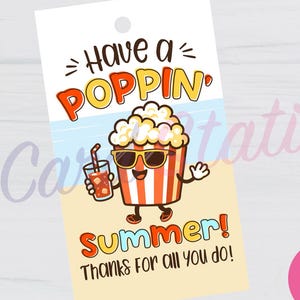 Etiqueta "Haz un verano explosivo", etiqueta de regalo de palomitas de maíz de fin de año para maestros, personal y voluntarios, etiqueta imprimible de recuerdo de verano, linda etiqueta de palomitas de maíz de verano