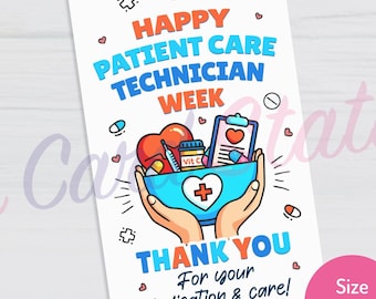 May include: A digital download gift tag for Patient Care Technician Week. The tag features a blue bowl held by hands, filled with medical-themed icons, and the text "Happy Patient Care Technician Week". The tag is 2" x 3.5".
